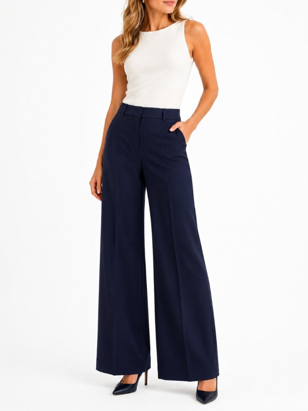 Victoria Beckham Navy Blue Wool Wide Leg Trouser Dress Pants Womens 10 Classic